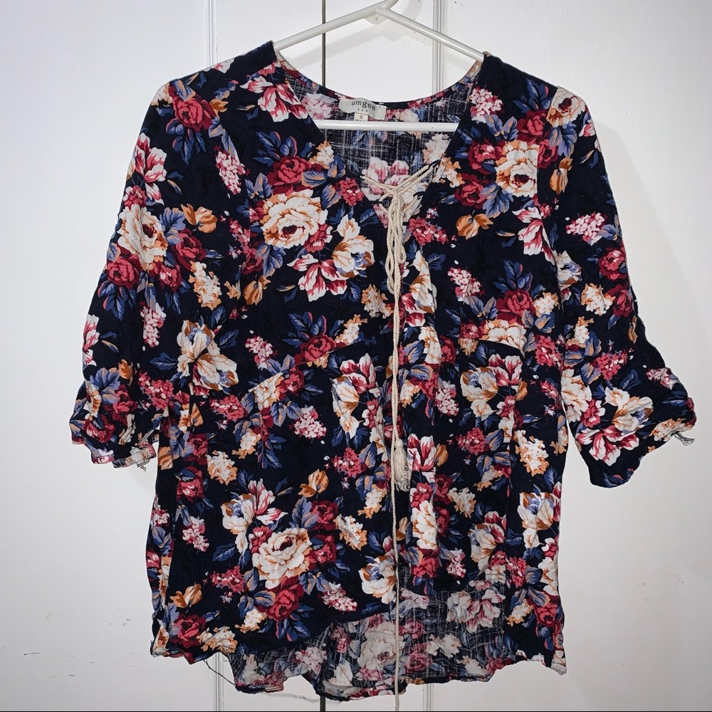 Black Floral Shirt With Front Ties